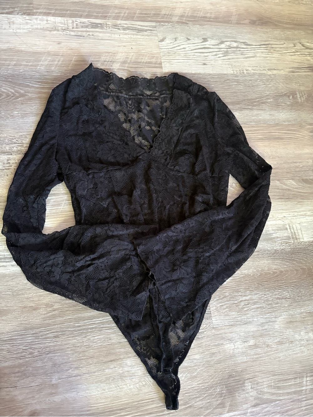 Women's Black Lace One Piece Long Sleeve Bodysuit Semi-Transparent Size M
